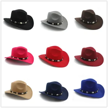 LUCKYLIANJI Uld Filt Womem Mænd Vestlige Cowboy Hat Med Bred Skygge Punk Læder Bælte Jazz Cap (One Size:57cm/US 7 1/8)