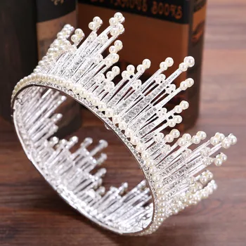 Luksuriøse Perle Fuld Runde Brude Tiara Kroner Dronning King Diadema For Kvinder Medaljon Bryllup Bride Hair Smykker Tilbehør