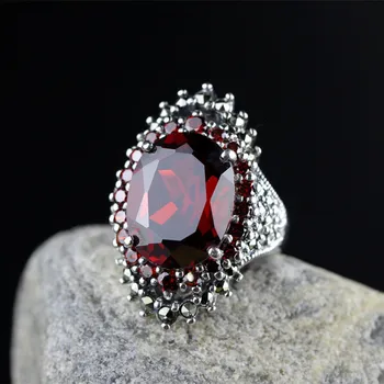 Luksus 18*14 Store Gemstone Smykker Naturlig Rød Granat Ring For Kvinder Punk Part Engagement 925 Sterling Sølv Ring SR68