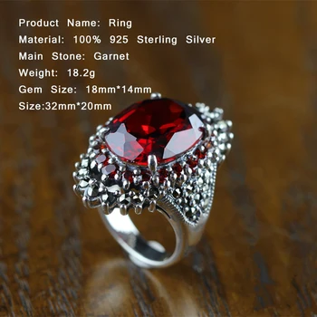 Luksus 18*14 Store Gemstone Smykker Naturlig Rød Granat Ring For Kvinder Punk Part Engagement 925 Sterling Sølv Ring SR68