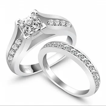 Luksus Massiv 925 Sterling Sølv, Bridal Wedding Ring Sæt Jubilæum Vintage Style 1 Carat CZ Diamant Engagement Ring