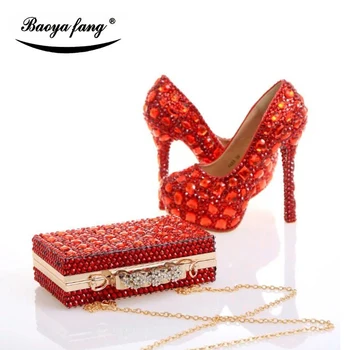 Luksus Red cyrstal bryllup sko med matchende tasker kvinde mode sko Høje hæle Kvinder party kjole-sko Platform sko