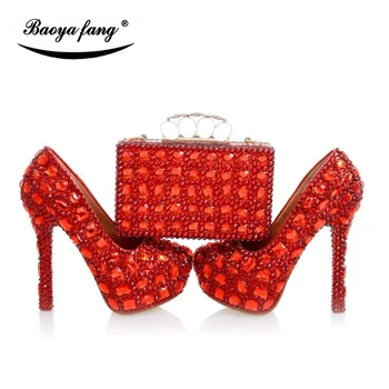 Luksus Red cyrstal bryllup sko med matchende tasker kvinde mode sko Høje hæle Kvinder party kjole-sko Platform sko