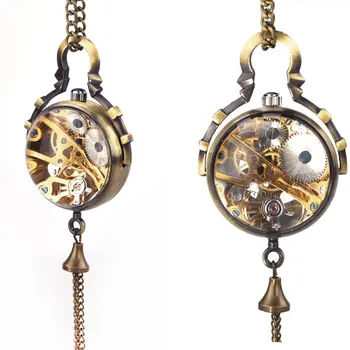 Luksus Steampunk Gennemsigtigt Glas Bolden Form Mekaniske Lommeur Stål Kvast Neckalce Vedhæng Kæde Reloj De Bolsillo P100