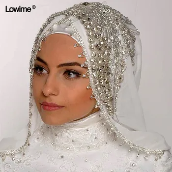 Luksus Sy Perler Crystal Slør Specialfremstillede Farve Længde Brede Muslimske Slør Hijab Et Lag Handy Lavet Bryllup Slør LW-107