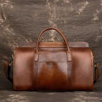 Luksus Vintage Naturlige Ægte Læder Mænd rejsetasker Retro Cowskin Tasker Korte Casual Business Trip Travel Bag