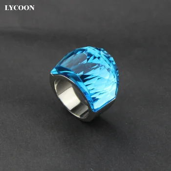 LYCOON høj kvalitet 316L rustfrit stål band med stor krystal-ringe i, gennemsigtig Sø blå farve for kvinder