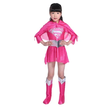 Lyserød Supergirl Superhelt Helt Superman Fancy Kjole Op Pige Børn Kostume omfatter Kjole + Cape + Støvler + Bælte