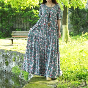 LZJN Sommer Strand Kjole 2018 Lille Blomst Maxi Shirt Kjole til Kvinder fra Etniske Robe Femme Træ Knap, Patchwork Lang Boheme Kjole