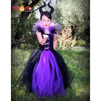 Maleficent Onde Dronning Tutu Pige Kjole med Horn Halloween Foto Prop Purim Kids Baby Fancy Kostume, Håndlavet Kjole TS127