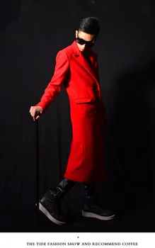 Mandlige kostume rød lang jakke outwear lag slim-stjernede vis for sanger danser ydeevne natklub bar gommen mænd bar mode