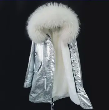Maomaokong 2017 ny parka Silver coat ægte pels vinter jakke kvinder naturlige vaskebjørn pels krave varm tyk parkacoats Aftagelig