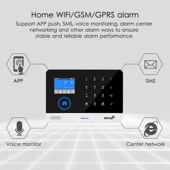 Marlboze EN RU ES PL DE Omskiftelige Wireless Home Security WIFI GSM GPRS Alarm system APP Fjernbetjening RFID-kort Arm Afvæbne