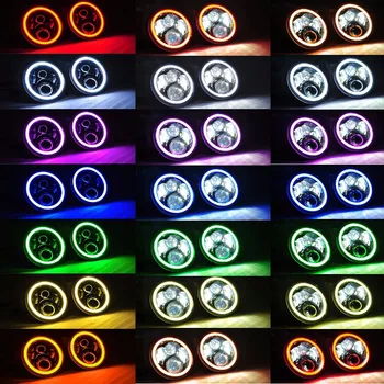 Marloo Wrangler JK CJ 7inch RGB-KØRELYS Halo Ring Runde LED-Forlygter Angel Eyes med Flerfarvet Bluetooth-Fjernbetjening til Jeep