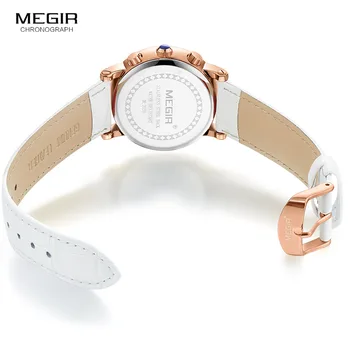 Megir kvindens Chronograph Quartz Ur med 24 Timer og kalendervisning Hvid læderrem Håndled Stopure til Damer 2058L