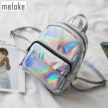 Meloke 2018 Nye kvinder hologram rygsæk laser daypacks kvindelige sølv pu læder holografiske tasker stor pige skoletaske