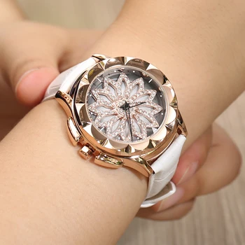 Merlots mode ægte Læder kvinder ure 360 grader Roterende skive krystal diamant kvarts ur rhinestone reloj mujer