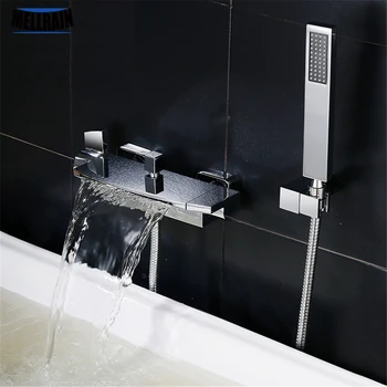 Messing luksus waterfall badekar faucet forkromet vægmonteret badeværelse vand mixer brusebad vandhane sæt med håndbruser