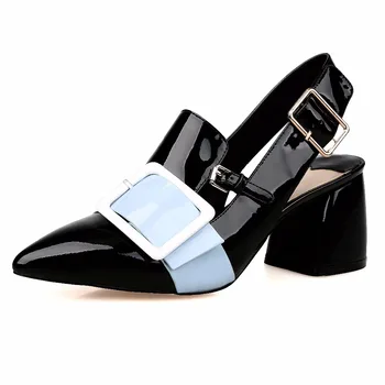 Metal dekoration firkantet spænde blandet farve kvinde sandaler hollywood stjerne-høj hæl spidse tå i ægte læder sko pumper L02