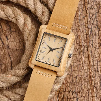 Minimalistisk Kreative Træ-Se Moderne Herre Rektangel Skive Bambus Læder Band Natur Træ Quartz armbåndsur Reloj de madera