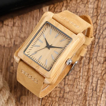 Minimalistisk Kreative Træ-Se Moderne Herre Rektangel Skive Bambus Læder Band Natur Træ Quartz armbåndsur Reloj de madera