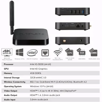 MINIX-NEO Z83-4 Pro-TV-BOKSEN Officielle Windows-10 Pro Mini-PC Intel Atom x5-Z8350 4GB/32GB WIFI ac 1000 M INTERNET HDMI Smart TV Boks