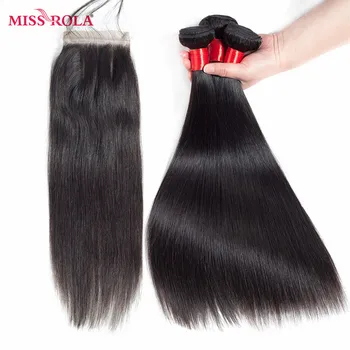 Miss Rola Hår Præ-farvede Brazilian Hår Lige 3 Bundter Human Hair Extension Med Lukning #1 Karakter Farve Non Remy