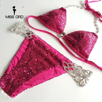 Missord 2018 Sexet-V-hals diamant halterneck Metal kæde paillet bikini FT6700