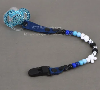 MIYOCAR Personlig -et navn 2016 håndlavet blå hvide perler dummy klip holder pacifier klip sut kæde til baby