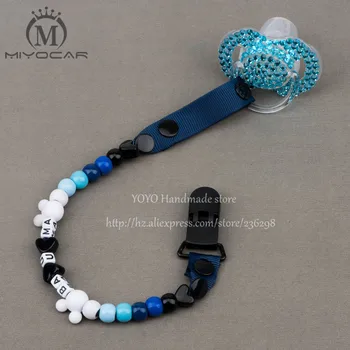 MIYOCAR Personlig -et navn 2016 håndlavet blå hvide perler dummy klip holder pacifier klip sut kæde til baby