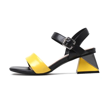 MLJUESE 2018 kvinder hjemmesko i Ægte læder sommer uden stil Gul farve spænde remmen høje hæle sandaler kvinder størrelsen 34-41