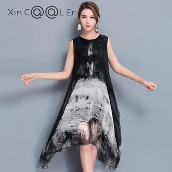 Mode Af Høj Kvalitet 2018 Nye Sommer Kvinder Kjole Real Silk Trykt Retro Kjole I Kinesisk Stil Løs Casual Ærmeløs Plus Størrelse
