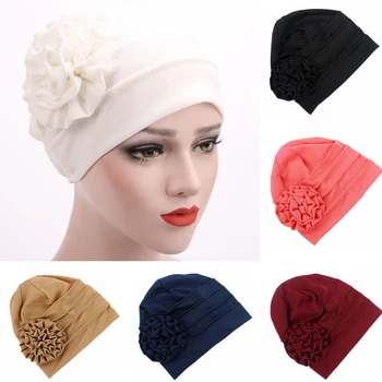 Mode Bomuld ensfarvet side af applique blomst halstørklæde, hat Muslimske hoved hat hætte kvinder postpartum varm hat Turban Hoved Cap
