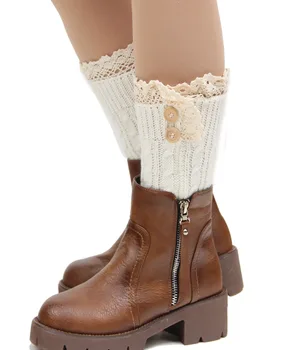 Mode dobbelt-knappen, kabel-strikket boot manchet korte ben varmere dame boot sokker strikket blonder trim mode støvler tilbehør