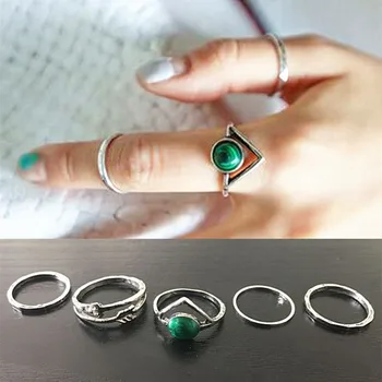 Mode hot Sølv Farve Midi-Ring Sæt til Kvinder Boho Stranden Vintage tyrkisk Punk Efterligning Emerald Finger Ringe, Smykker 5Pcs/Sæt