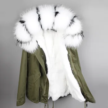 Mode kvinders naturlige kanin pels foret hætte pels mini parkacoats Stor vaskebjørn pels krave outwear vinter jakke