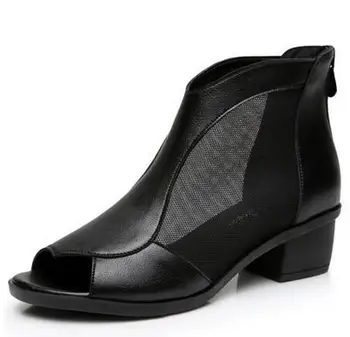 Mode kvinders ægte læder sommer sko åben tå sandaler blonder net støvler tyk hæl mujer gladiator sandaler gaze størrelse 35-41