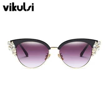 Mode Luksus Cat Eye Solbriller Kvinder 2017 Nye Brand Designer Halv Frame Krystal Diamant Klare Sol Briller, oculos de sol UV400