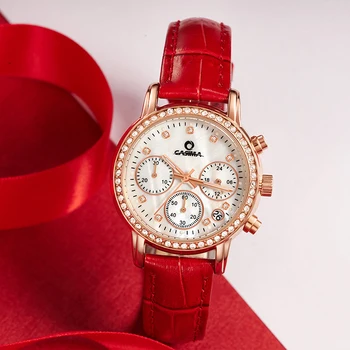 Mode Luxury-brand-ure kvinder Hvid fritid guld krystal kvinders quartz armbåndsur rød læder vandtæt CASIMA #1010