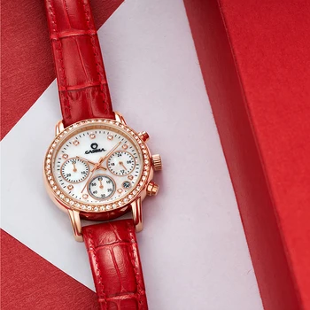 Mode Luxury-brand-ure kvinder Hvid fritid guld krystal kvinders quartz armbåndsur rød læder vandtæt CASIMA #1010