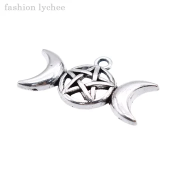 Mode lychee Antik Sølv Triple Månens Gudinde Charme Pentagram Pentacle Crescent Wiccan For DIY Smykker at Gøre