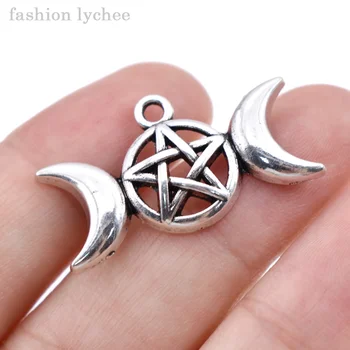 Mode lychee Antik Sølv Triple Månens Gudinde Charme Pentagram Pentacle Crescent Wiccan For DIY Smykker at Gøre