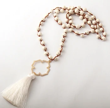 Mode-Perle-Ledningen Vævning Kvast Halskæde Boheme Smykker lange med guld blomster charm Halskæde hvide natursten Halsband