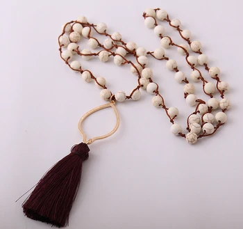 Mode-Perle-Ledningen Vævning Kvast Halskæde Boheme Smykker lange med guld blomster charm Halskæde hvide natursten Halsband