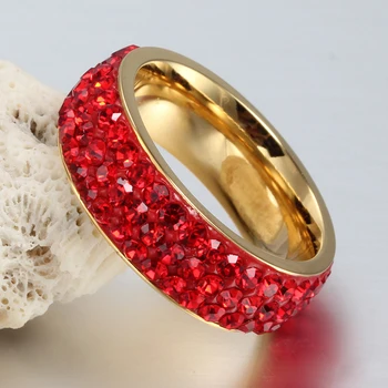 Mode Rustfrit Stål Forlovelsesringe For Kvinder Ring 3 Rækker Rød Krystal