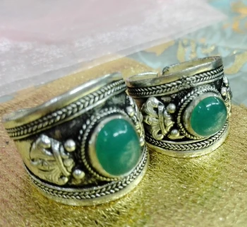 Mode Smykker Grøn sten Perle Bred Ring Tibet Sølv Buddhismen i Nepal Ring Justerbar Unisex Gave, en ring