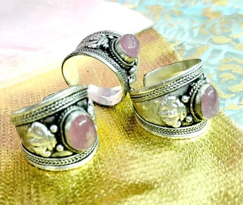 Mode Smykker Lys Pink Krystal Ring Bred Tibet Sølv Buddhismen i Nepal Ring Justerbar Unisex Gave, en ring