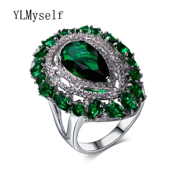 Mode smykker Store vand-slip-sten ring indstilling med champagne og Grønne cubic zirconia krystal Hvid plade kvinder ringe
