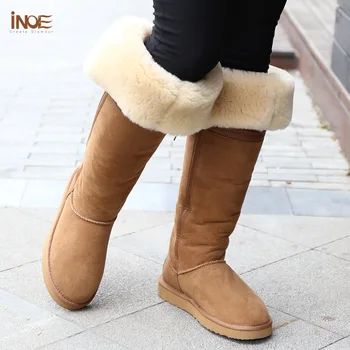 Mode Stil over knæhøje Sløjfeknude høj pels foret sne lange støvler til kvinder og vinter sko natur fåreskind læder brun