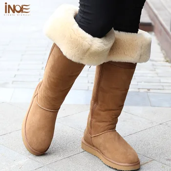 Mode Stil over knæhøje Sløjfeknude høj pels foret sne lange støvler til kvinder og vinter sko natur fåreskind læder brun